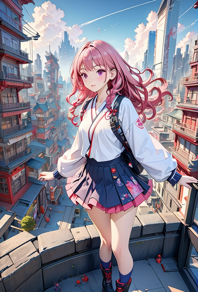 high resolution, best quality, masterpiece, Very high image quality, Extremely detailed, Surrealism, 3D, Japanese cartoons, illustration, fantasy, Hard Rock Girl, very beautiful and cute, Pink wavy hair, Side braids, mini skirt, Knee socks, Engineering boots, Background cyberpunk city galaxy