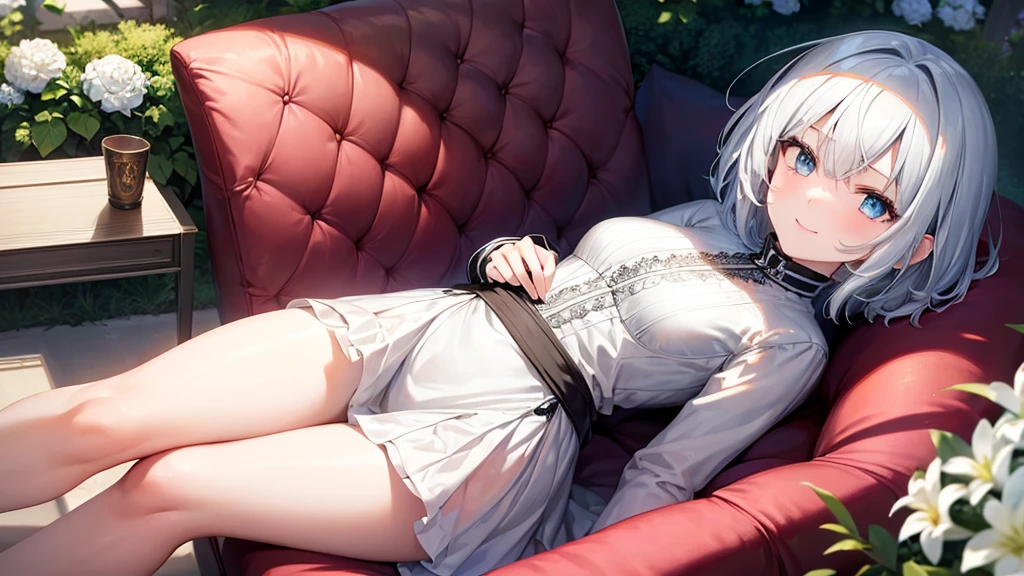 Ultra HD,Look at the viewers, Put your hands behind your back, With a girl, 20-year-old, 非常にShort Hair, Long bangs between the eyes, Pale blue eyes,  Very detailed,(masterpiece、Highest quality),Gray Hair、Laughter、Fantastic, Silver Hair, Iris,  Short hair、 Fluttering Hair、Small Face、明るいsmile、(Detailed face) ,Professional Lighting,Wonderful landscape,blue sky, sunlight,Looking down from above,Portraiture、Open your mouth、Flower Field、Her eyes were shining、Mysterious and enchanting atmosphere。With AI Painting、とてもShort Hair, Long bangs between the eyes, Very detailed,(masterpiece、Highest quality)、alone、Gray Hair、Fantasy, Silver Hair, Fantasyな風景、White shirt、smile、Open your mouth、short hair、Short Hair、hairpin、black eye、Grey Eyes、Beautiful Eyes、