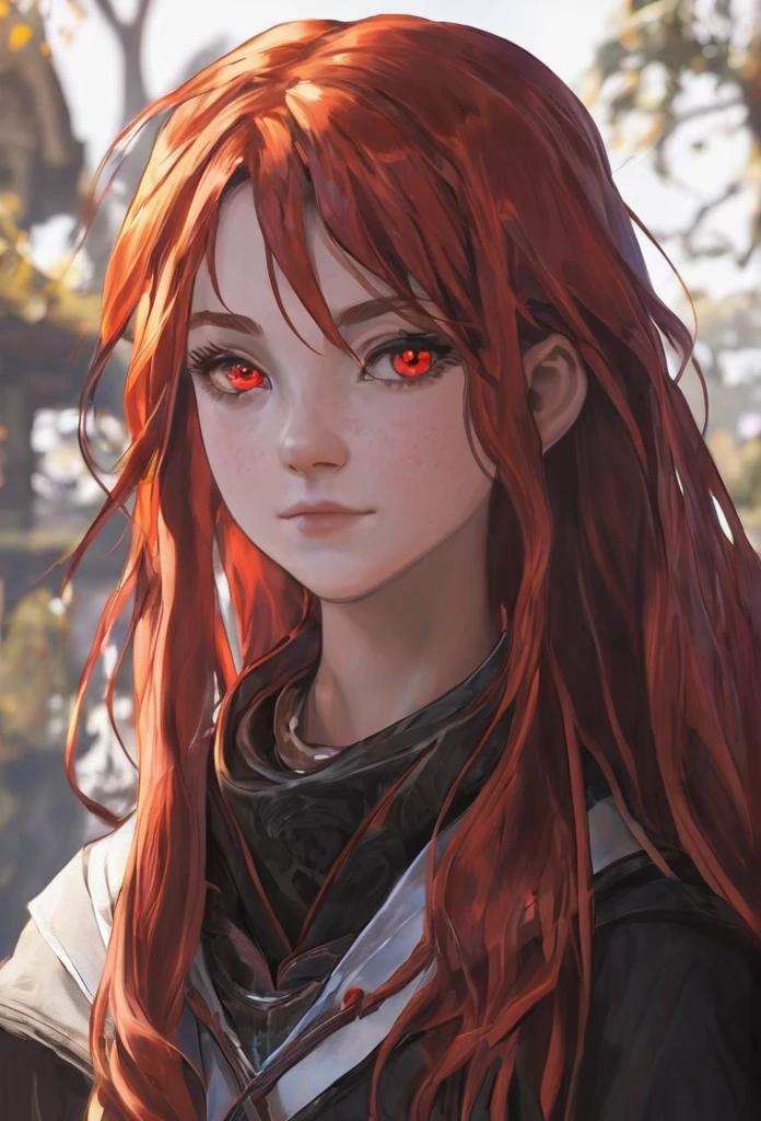 , female, human, adventurer, red hair , red eyes, long hair