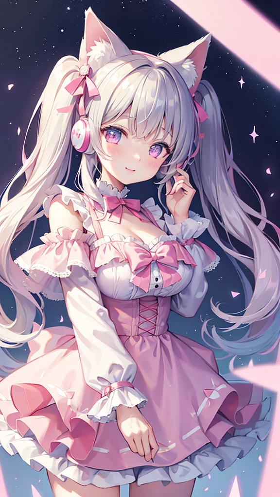 Highest quality、Masterpiece、Super detailed、8K、、1 girl、Gray Hair、Fluffy, soft, loosely curled long hair、Twin tails、Cherry-colored eyes、White and pink lolita outfit、Lace cape、Pink Cat Ear Headphones、Neon city at night、Ribbon hairpin、Lots of ribbon hair accessories、Cleavage、smile、Embarrassed expression、White and pink neon city、Big Tits