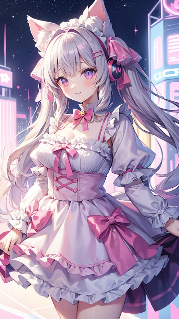 Highest quality、Masterpiece、Super detailed、8K、、1 girl、Gray Hair、Fluffy, soft, loosely curled long hair、Twin tails、Cherry-colored eyes、White and pink lolita outfit、Lace cape、Pink Cat Ear Headphones、Neon city at night、Ribbon hairpin、Lots of ribbon hair accessories、Cleavage、smile、Embarrassed expression、White and pink neon city、Big Tits