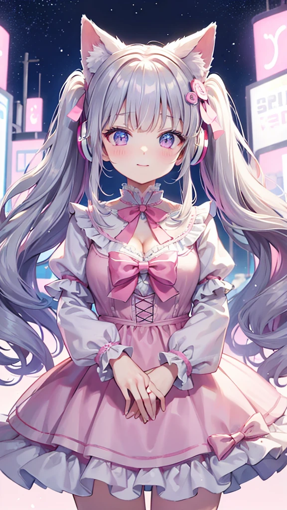 Highest quality、Masterpiece、Super detailed、8K、、1 girl、Gray Hair、Fluffy, soft, loosely curled long hair、Twin tails、Cherry-colored eyes、White and pink lolita outfit、Lace cape、Pink Cat Ear Headphones、Neon city at night、Ribbon hairpin、Lots of ribbon hair accessories、Cleavage、smile、Embarrassed expression、White and pink neon city、Big Tits