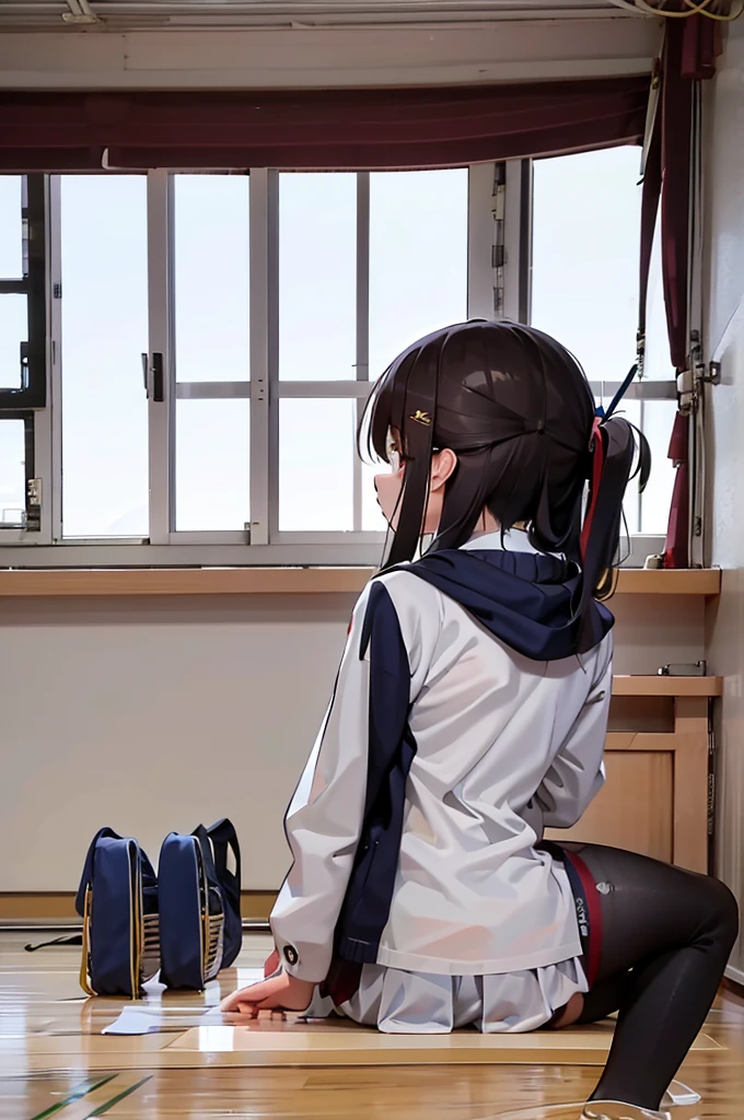 A female student in a sailor uniform is watching a physical education class in the gymnasium because she is feeling unwell
