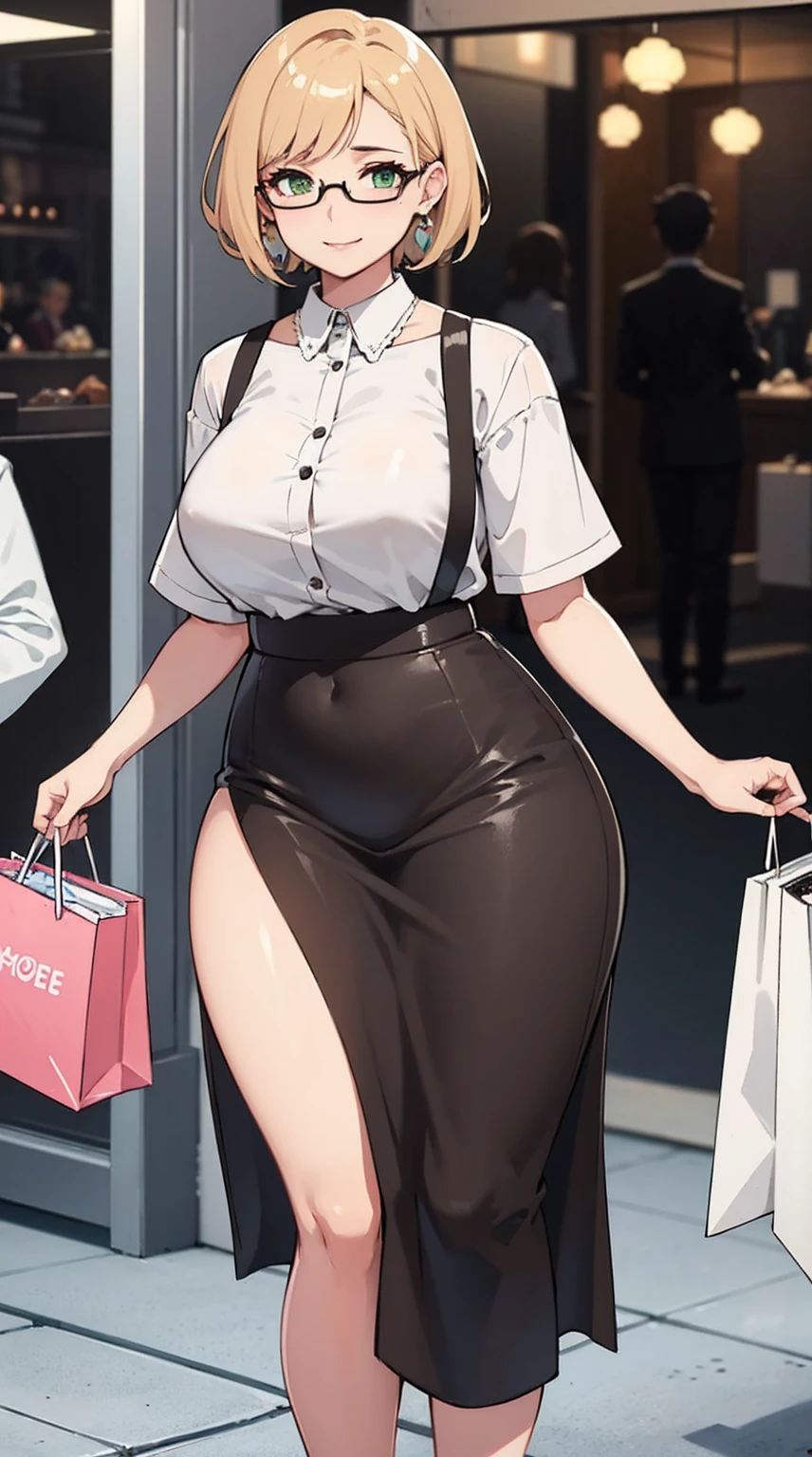 (Very thick body), In a busy shopping center environment, Woman with white skin, short blonde hair with a gentle gradient to light brown tone, and green eyes with brown tints, exudes infectious joy. His face is decorated with transparent glasses., emphasizing the charming expression of your cheerful eyes. She wears a soft casual outfit., short white blouse, complemented by a light and comfortable skirt. The set reveals an unpretentious and elegant style., ideal for a relaxed shopping atmosphere. Your radiant smile lights up the room, reflecting happiness, which she finds, walking around this place. short, Dynamic hair has a subtle gradient from light to light brown., add a touch of excitement to your look. Your green eyes, with a hint of brown, convey captivating cheerfulness, reflecting excitement and curiosity, that she is experiencing, walking through the shopping center. The lively atmosphere of a shopping center becomes an ideal place to express satisfaction and joy... Every detail around you, from the colorful shop windows to the bustle of shoppers, Seems, helps create a bright atmosphere, which she happily absorbs. Careful description conveys this scene in every detail., from the casual elegance of his clothes to the infectious vivacity of his expression, creating a vibrant and captivating image of that moment of happiness and relaxation in a shopping mall.,,UHDD, retina, main part, anatomically correct, necessary, Textured leather, Super Detail, high detail, high quality, Provided, Best quality, high, 1080P, HDD, 4K, 8 k, 16K