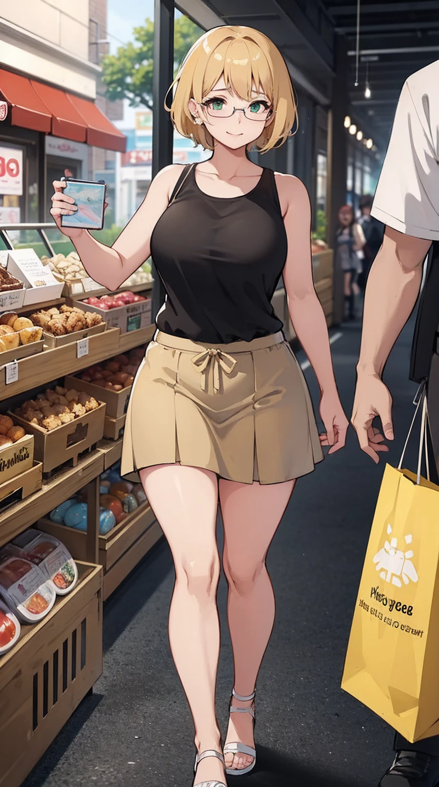 (Very thick body), In a busy shopping center environment, Woman with white skin, short blonde hair with a gentle gradient to light brown tone, and green eyes with brown tints, exudes infectious joy. His face is decorated with transparent glasses., emphasizing the charming expression of your cheerful eyes. She wears a soft casual outfit., short white blouse, complemented by a light and comfortable skirt. The set reveals an unpretentious and elegant style., ideal for a relaxed shopping atmosphere. Your radiant smile lights up the room, reflecting happiness, which she finds, walking around this place. short, Dynamic hair has a subtle gradient from light to light brown., add a touch of excitement to your look. Your green eyes, with a hint of brown, convey captivating cheerfulness, reflecting excitement and curiosity, that she is experiencing, walking through the shopping center. The lively atmosphere of a shopping center becomes an ideal place to express satisfaction and joy... Every detail around you, from the colorful shop windows to the bustle of shoppers, Seems, helps create a bright atmosphere, which she happily absorbs. Careful description conveys this scene in every detail., from the casual elegance of his clothes to the infectious vivacity of his expression, creating a vibrant and captivating image of that moment of happiness and relaxation in a shopping mall.,,UHDD, retina, main part, anatomically correct, necessary, Textured leather, Super Detail, high detail, high quality, Provided, Best quality, high, 1080P, HDD, 4K, 8 k, 16K