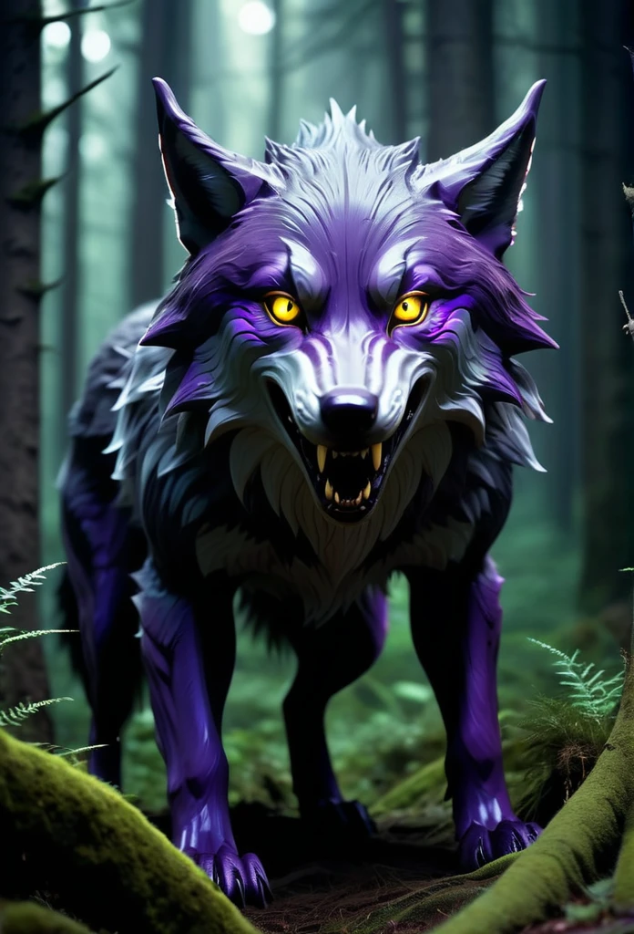 A mysterious creature lurking deep in the cursed forest。Its body resembles that of a large wolf.、The fur is purple and glows strangely.。The eyes are deep yellow、Emitting an eerie light、Captivating to the viewer。Sharp fangs peeking out from its mouth、A low growl echoes.。ears are big、Capture every faint sound in the forest。the tail is long、Flickering like a ghost。Suddenly appearing from the shadows、Attacking prey