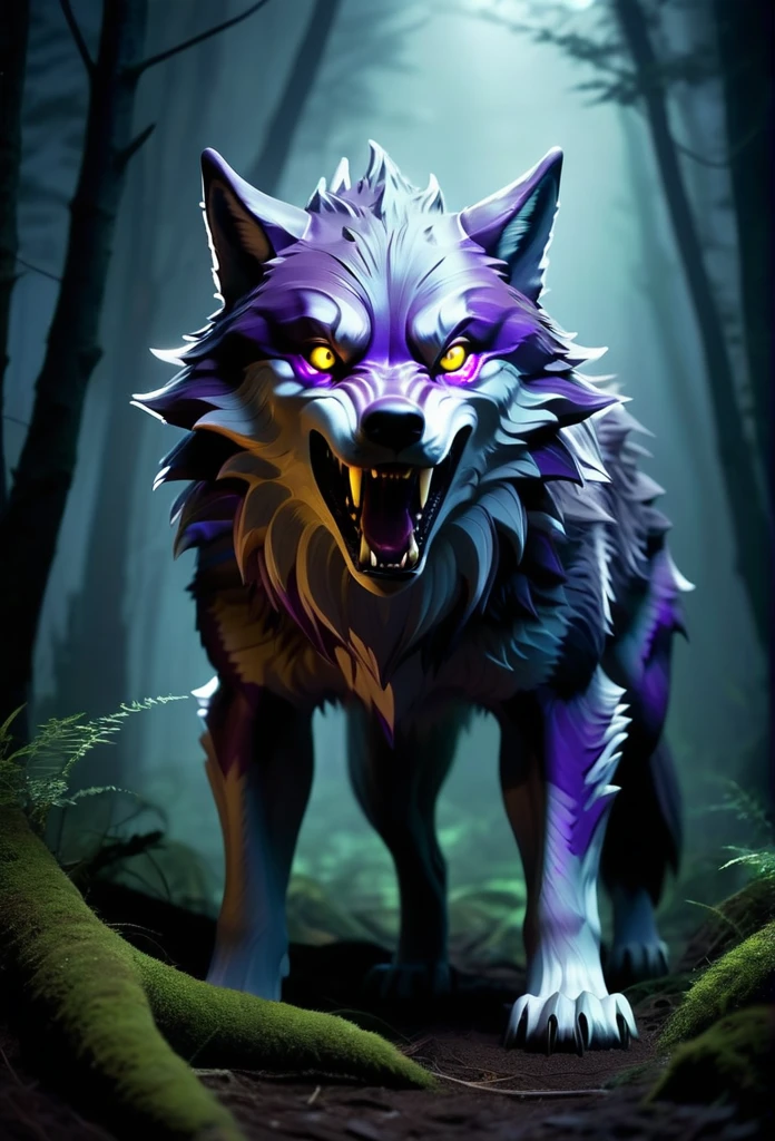 A mysterious creature lurking deep in the cursed forest。Its body resembles that of a large wolf.、The fur is purple and glows strangely.。The eyes are deep yellow、Emitting an eerie light、Captivating to the viewer。Sharp fangs peeking out from its mouth、A low growl echoes.。ears are big、Capture every faint sound in the forest。the tail is long、Flickering like a ghost。Suddenly appearing from the shadows、Attacking prey