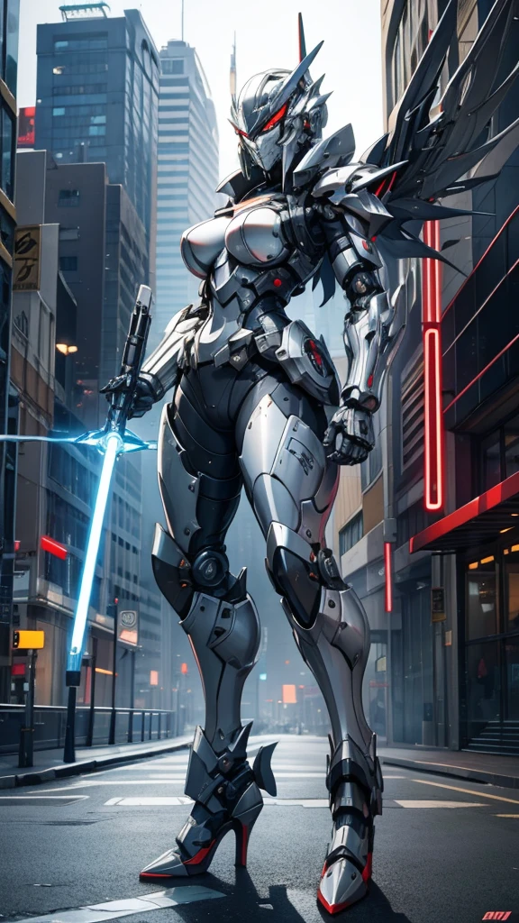 Large Armored Girl，helmet，mask，silver armot，Cybernetic wing Mechanical wing，high heels，Lightsaber，Standing，frontal pose，Cyberpunk city