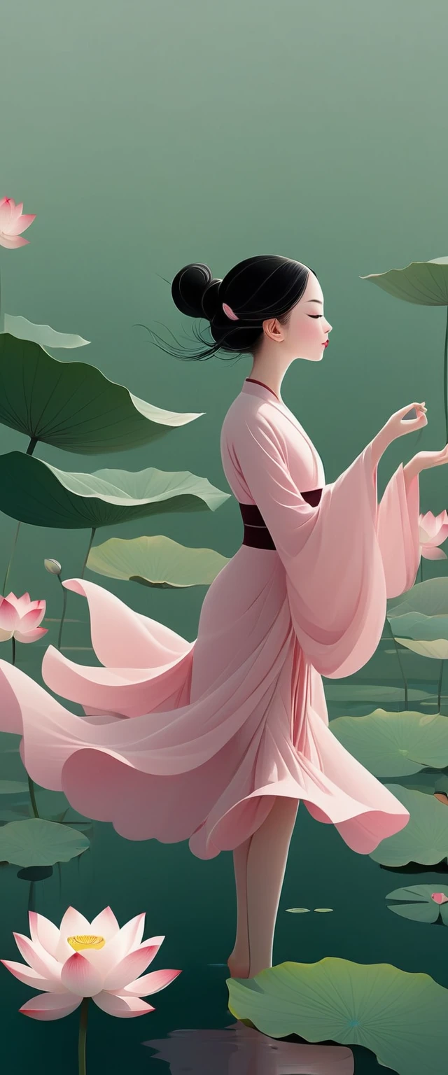 vector,Flat form,illustration,The Minimalists,数字艺术illustration,Pink hue,Abstract,artistic conception,Blooming,A little girl,dancer;Pink clothing;Pretty Face,Black Hair,Hairpin;Lotus pond,Diving sensation,Lots of white space above。