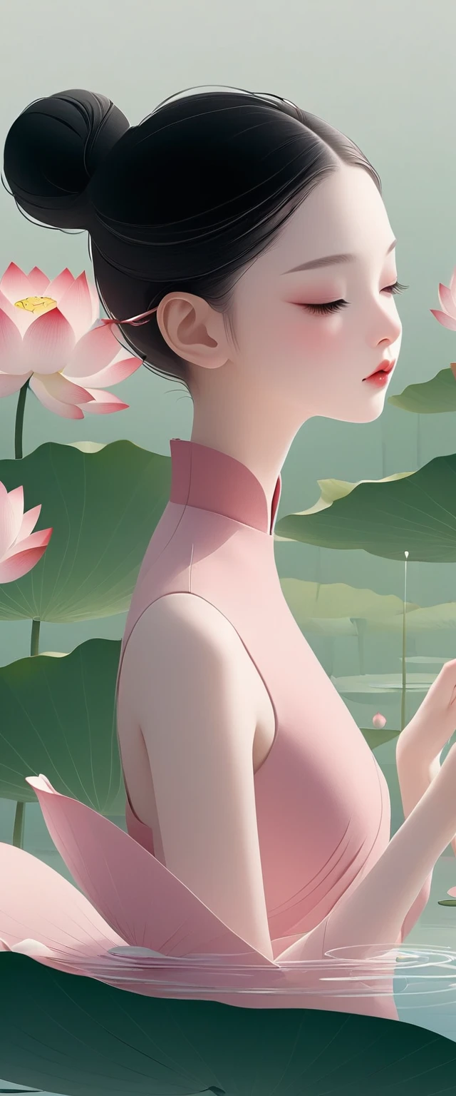 vector,Flat form,illustration,The Minimalists,数字艺术illustration,Pink hue,Abstract,artistic conception,Blooming,A little girl,dancer;Pink clothing;Pretty Face,Black Hair,Hairpin;Lotus pond,Diving sensation,Lots of white space above。