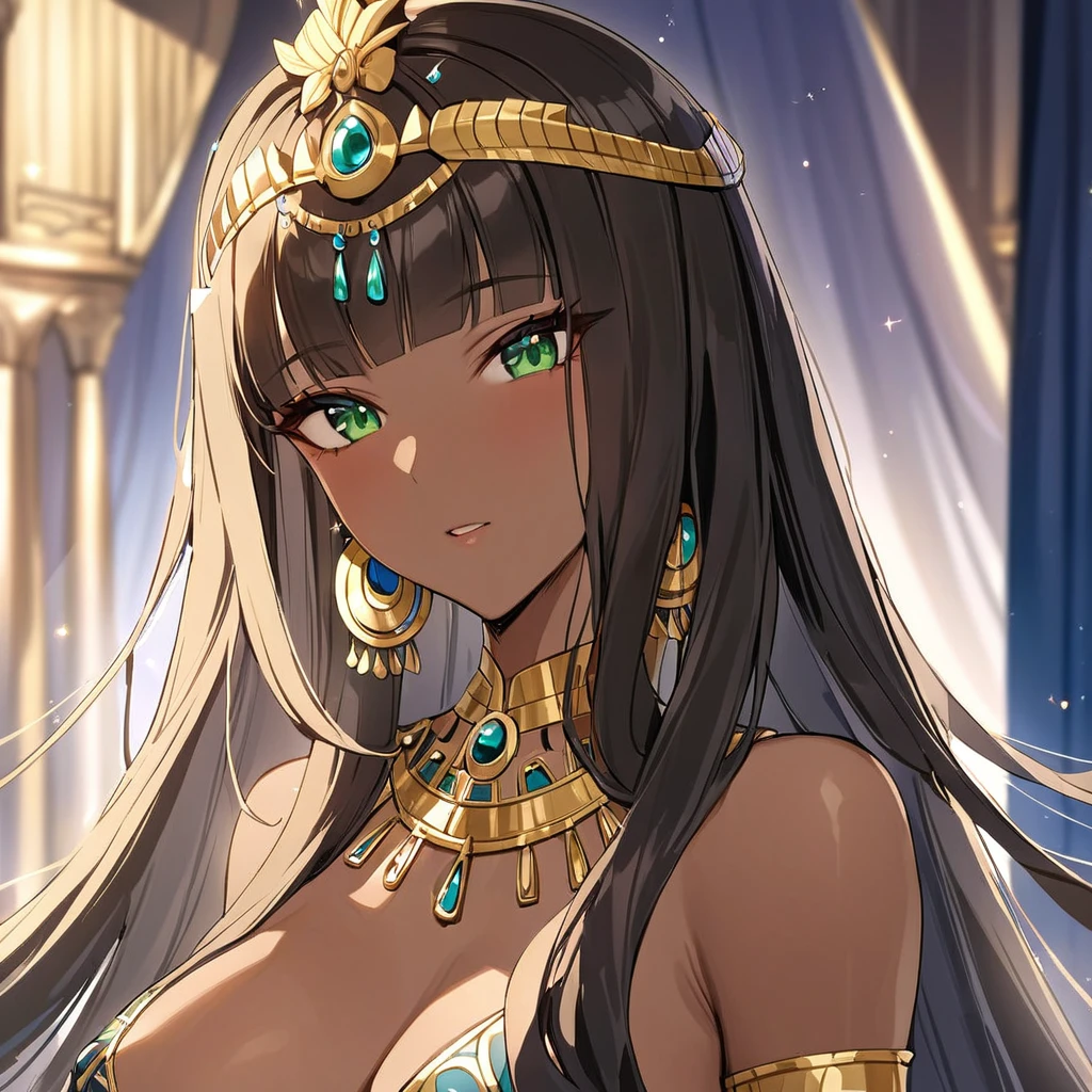 ((Highest quality)), ((masterpiece)), (detailed), (Perfect Face)、The woman was a Muslim Egyptian Tiara with bright brown skin, wearing a gorgeous and dazzling Cleopatra costume from an Egyptian palace, a gorgeous Cleopatra crown, a gorgeous black cloak, gorgeous jeweled accessories, and an engagement ring, just like Cleopatra herself.、The woman was an elegant Tiara with green eyes and medium-long blonde hair. She was a Muslim Egyptian Tiara with bright brown skin, wearing a gorgeous and glittering Cleopatra costume and a gorgeous Cleopatra crown.、(The woman is a dark-skinned Egyptian named Tiara.)