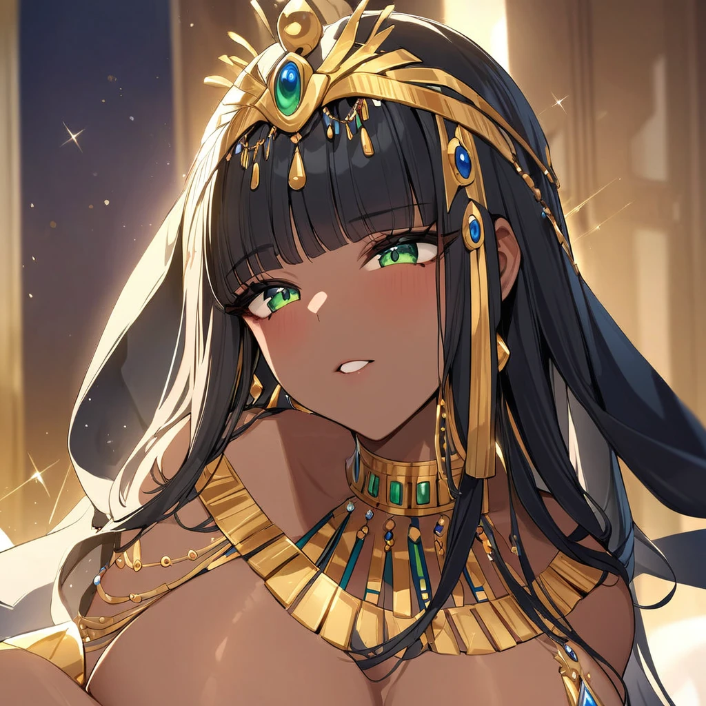 ((Highest quality)), ((masterpiece)), (detailed), (Perfect Face)、The woman was a Muslim Egyptian Tiara with bright brown skin, wearing a gorgeous and dazzling Cleopatra costume from an Egyptian palace, a gorgeous Cleopatra crown, a gorgeous black cloak, gorgeous jeweled accessories, and an engagement ring, just like Cleopatra herself.、The woman was an elegant Tiara with green eyes and medium-long blonde hair. She was a Muslim Egyptian Tiara with bright brown skin, wearing a gorgeous and glittering Cleopatra costume and a gorgeous Cleopatra crown.、(The woman is a dark-skinned Egyptian named Tiara.)