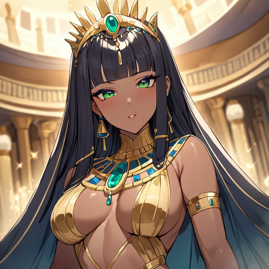 ((Highest quality)), ((masterpiece)), (detailed), （Perfect Face）、The woman was a Muslim Egyptian Tiara with bright brown skin, wearing a gorgeous and dazzling Cleopatra costume from an Egyptian palace, a gorgeous Cleopatra crown, a gorgeous black cloak, gorgeous jeweled accessories, and an engagement ring, just like Cleopatra herself.、The woman was an elegant Tiara with green eyes and medium-long blonde hair. She was a Muslim Egyptian Tiara with bright brown skin, wearing a gorgeous and glittering Cleopatra costume and a gorgeous Cleopatra crown.、（The woman is a dark-skinned Egyptian named Tiara.）