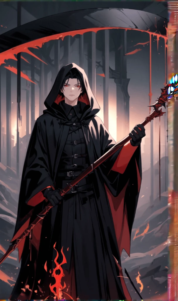 male、Black Hair、Red Eye、Cold-blooded man、Well-built、Cold Face、Well-formed face、grim Reaper、Center Parting