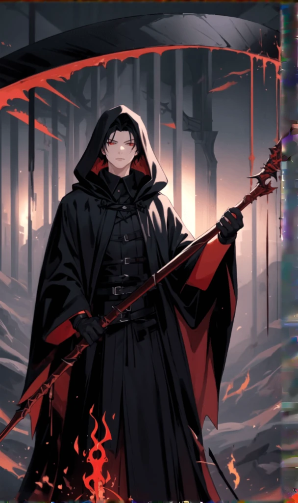 male、Black Hair、Red Eye、Cold-blooded man、Well-built、Cold Face、Well-formed face、grim Reaper、Center Parting