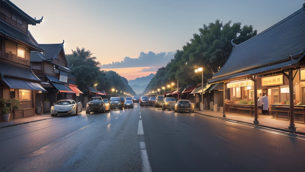 (ร้านอาหารริมroad :1.5),road ,(รถวิ่งบนroad:1.6) capital landscape:1.5 ,(Many cars:1.5) ,nighttime