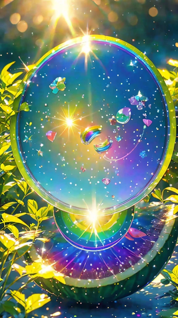 (Highest quality), (8K), (Highest quality), (live-action), (Realistic photos), Shining in rainbow colorswatermelon、summer、summerを感じる物、summerを感じる風景, watermelon、watermelon畑、blue sky, Rainbow and sunshine shining.16K, Ultra-high resolution, Shining in rainbow colors、to be born,wonderful ,future、Iridescent、The world 30 years from now。