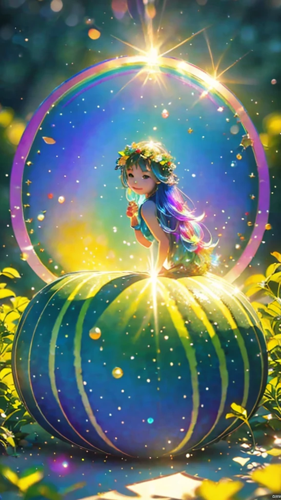 (Highest quality), (8K), (Highest quality), (live-action), (Realistic photos), Shining in rainbow colorswatermelon、summer、summerを感じる物、summerを感じる風景, watermelon、watermelon畑、blue sky, Rainbow and sunshine shining.16K, Ultra-high resolution, Shining in rainbow colors、to be born,wonderful ,future、Iridescent、The world 30 years from now。
