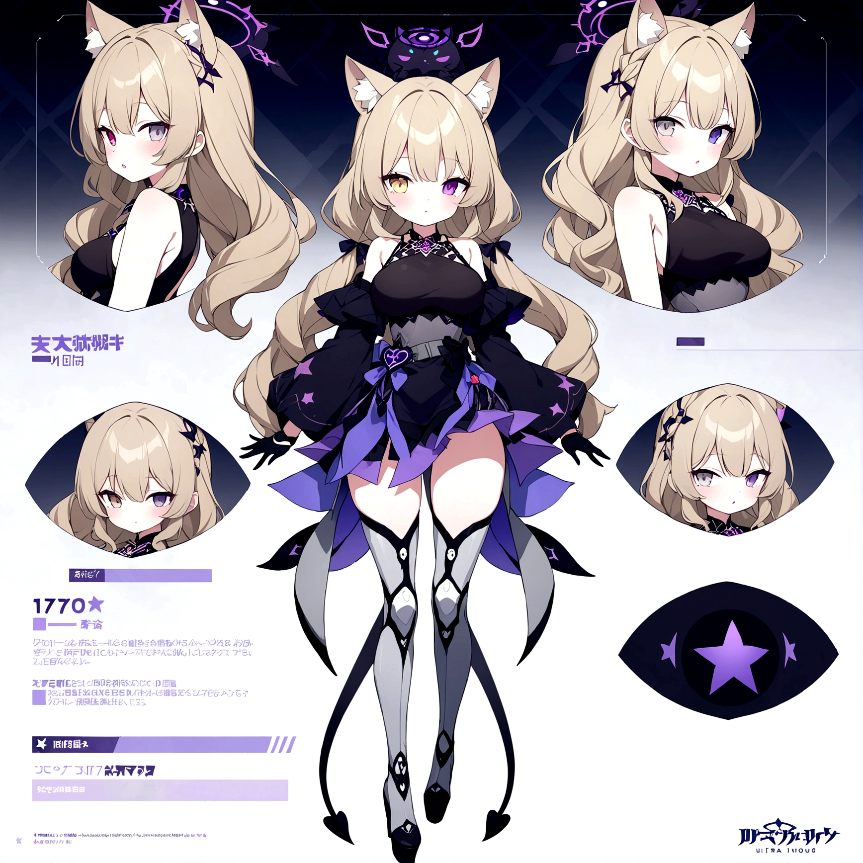 woman 170 cm tall. (character design sheet: front view). Dark blonde long hair, slim build. wavy hair with hip length curls, has a short central tuft, She has two short braids on the left and right side of her head with two small ribbons on each braid.. It has two black serval ears with a gray and purple interior located on the top of its head.... small face. (heterochromia: one gray eye and one purple eye), has small ribbons on the right and left side of the hair. extremely detailed face, Beautiful detailed eyes, beautiful detailed lips. adorable, extremely detailed legs, (Best Quality, 4k, 8k, high resolution), ultra detailed, Exquisite and epic character art... Black platform heels, Elegant one-piece long dress with ruffle skirt and wide sleeves. Ribbon decorations and star patterns on clothing. black gloves. gray belt at the waist with a large ribbon with a luminous pink heart in the middle. black necklace with heart emblem on the neck. It has a succubus tail with a small luminous violet star at the tip accompanied by a small ribbon..... (wide hip). Luminous black halo with purple star patterns above his head..... (medium chest size). Thigh High Mechanical Legs in Black and Purple.