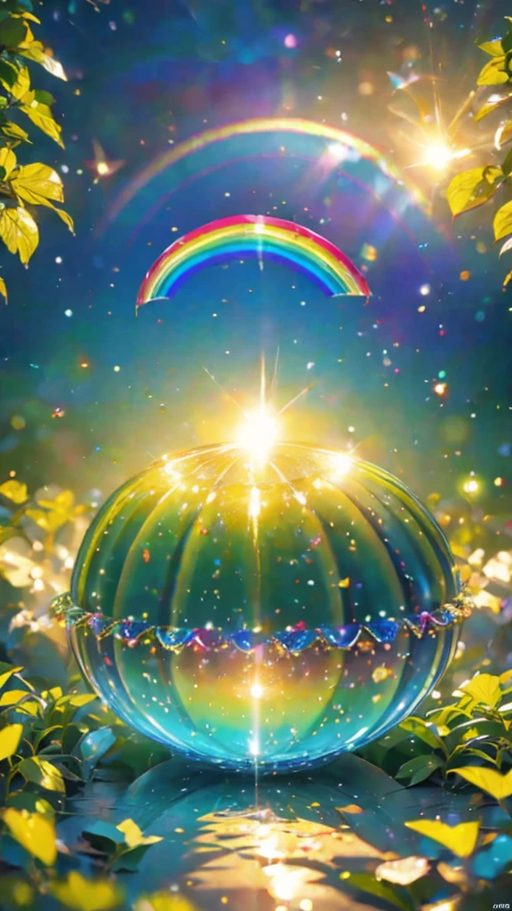 (Highest quality), (8K), (Highest quality), (live-action), (Realistic photos), Shining in rainbow colorswatermelon、summer、summerを感じる物、summerを感じる風景, watermelon、watermelon畑、blue sky, Rainbow and sunshine shining.16K, Ultra-high resolution, Shining in rainbow colors、to be born,wonderful ,future、Iridescent、The world 30 years from now。