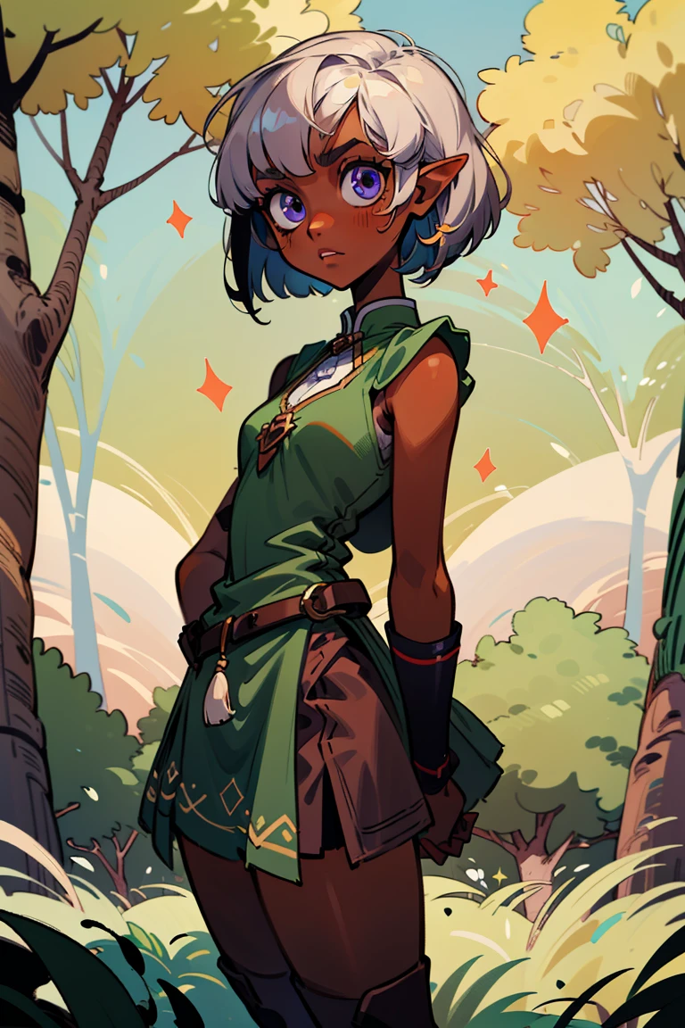 masterpiece, absurdres, 1girl, cowboyshot, tachi-e, mature woman, best aesthetics, small breasts, narrow hips, thick thighs, dark hair, narrow eyes, slanted eyes, brown skin, knee-length dress, round nose, very detailed face, clean lines, dynamic pose, anatomically correct, hyperdetailed, forest atmosphere, beige eyeshadow, clean makeup, violet eyes, detailed hair, sparkling eyes, nature, magic, fantasy, medieval, high fantasy, leather stockings, comfy, cozy, tsurime eyes, SFW, tunic dress, arms by side, outdoors, trees in background, simple bob haircut, messy bangs, hair framing face, straight hair, elf, adult woman, brown dress, green vest, inked comic, comic art, ankle boots, cell shading, cartoon style, tanned skin