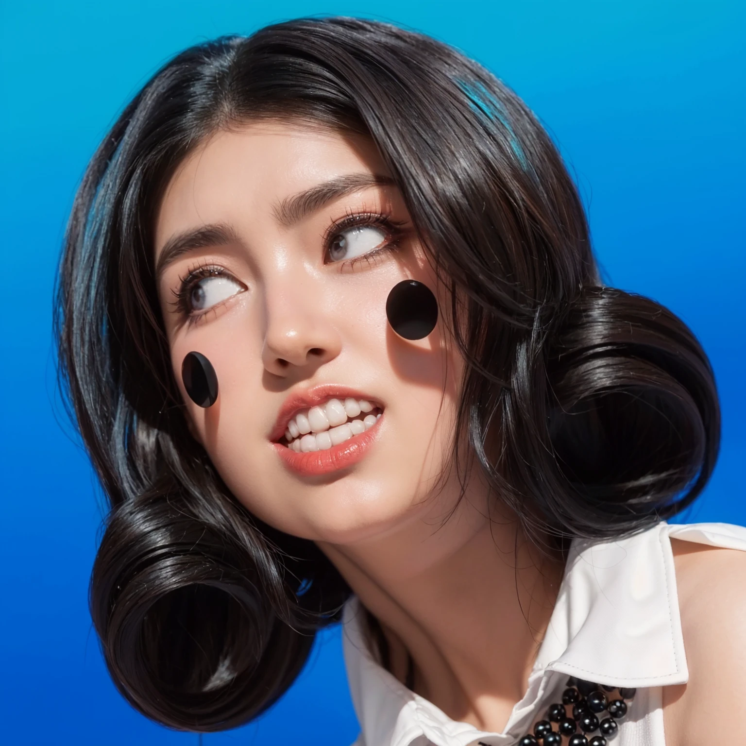 This image features a young woman with an expressive and playful look, styled in a manner that mixes contemporary fashion with cartoon-like elements. Her hair is dark and styled into glossy, voluminous curls, adding a dramatic flair to her appearance. She sports large black dots on her cheeks, enhancing the whimsical nature of the photo, reminiscent of classic mime or clown makeup. Her expression is animated, with her eyes wide and her mouth slightly open in an exaggerated manner, as if she's in the middle of an expressive reaction. She wears a white blouse with a detailed black beaded collar, adding a touch of elegance to her quirky ensemble. The solid bright blue background not only complements her dark hair and the stark contrast of the makeup but also emphasizes the vividness and playful tone of her overall look.This portrayal captures the essence of a character full of life, joy, and a touch of whimsy. 3d model, multiple light sources, rim light, sharp post broken glass magic ball of turquoise color with fragments lying nearby frame above from above on a white background effects render, (glossy plastic texture with multiple big light probe refractions), perfect cgi, smooth silhouette, high intensity refraction, (super glossy plastic material), most beautiful vfx, , realistic, 4k, high resolution, rim light, smooth 3d model, multiple light sources, rim light, sharp post effects render,, realistic, 4k, high resolution, rim light detailed digital art, reflective, best quality, 4k, masterpiece:1.2, ultra-detailed, realistic, vivid colors, The image of the highest quality, ensuring every detail showcased perfectly. It in 4k resolution, allowing viewers to immerse themselves in the richness of the colors and intricate details. The realistic rendering. under the spotlight, reflecting, high-resolution image, realistic rendering