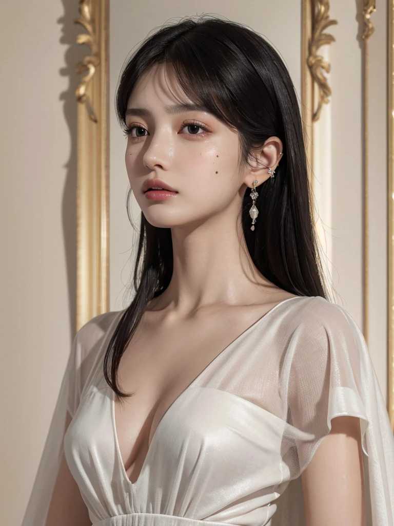 absurdres, RAW photo, extremely delicate and beautiful, masterpiece, Best Quality, ultra high resolution, 32k, hyperrealistic, ultra-detailed, delicate facial features, beautiful detailed woman, tearful mole, earring, medium breasts, ((full body shot)), medium hair, black hair, cloak,