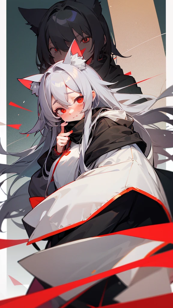 Highest quality　I have long hair　Gray Hair　Hina Sorazaki　Red eyes　I don't have anything　Odd Eye　kind　Cat ear　Embarrassed　Background Black　Two people