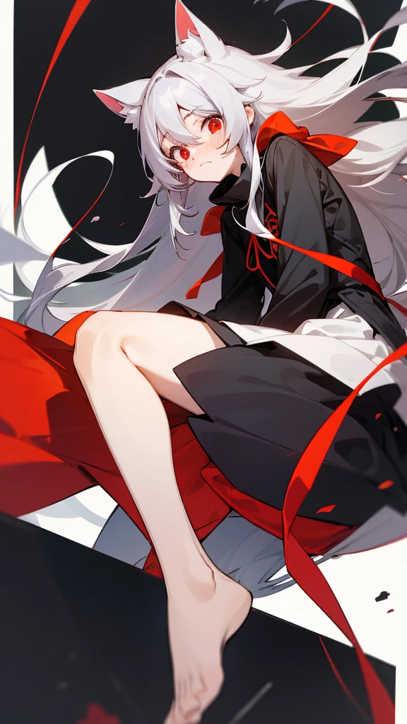 Highest quality I have long hair Gray Hair Hina Sorazaki Red eyes I don't have anything Odd Eye kind Cat ear Embarrassed Background Black Two people