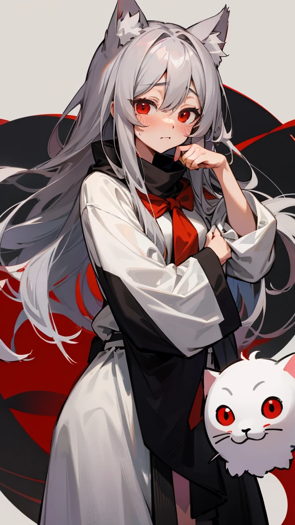 Highest quality I have long hair Gray Hair Hina Sorazaki Red eyes I don't have anything Odd Eye kind Cat ear Embarrassed Background Black Two people