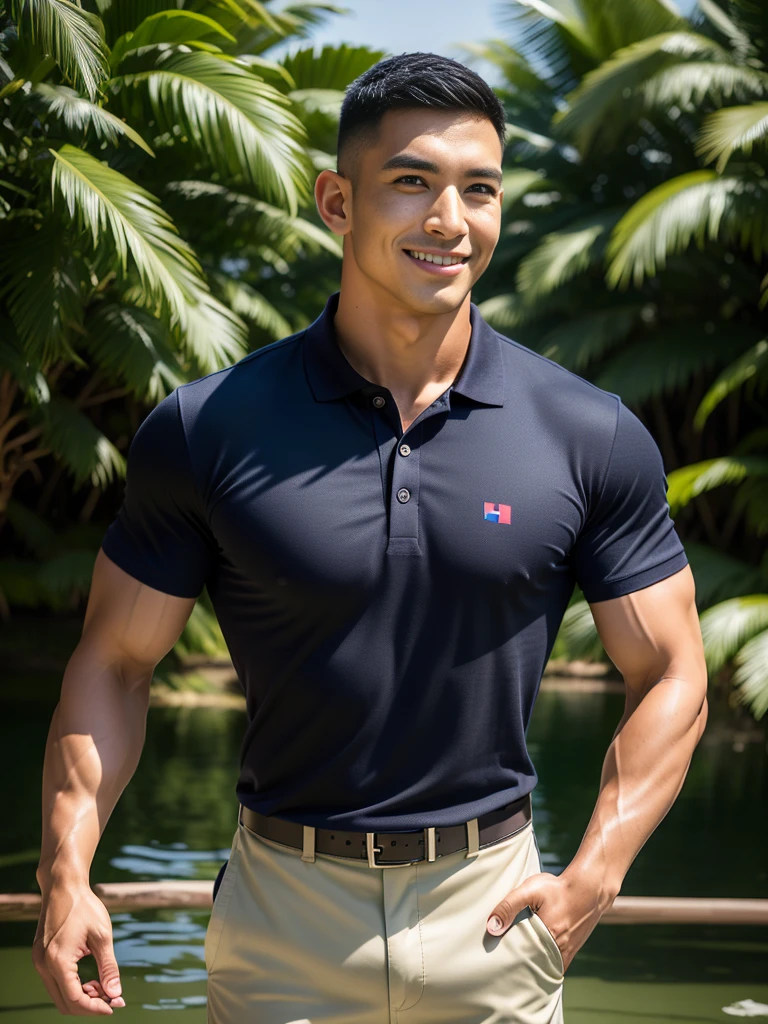 (Create a masterpiece: 1.2),(CGI art:1.3),(realistic:1.5),(After processing:1.3),(Sharp focus:1.3),10,1 man, smile, (Wear a dark gray polo shirt.), Navy cargo pants, Korean guy , korean men, (High gloss details), chest muscles, large arm muscles, blood vessel, Big muscles, Broad shoulders, looking at the audience, Balancing the eyes, rice field