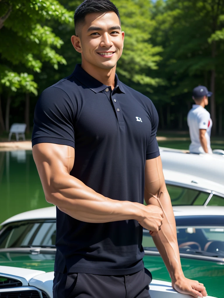 (Create a masterpiece: 1.2),(CGI art:1.3),(realistic:1.5),(After processing:1.3),(Sharp focus:1.3),10,1 man, smile, (Wear a dark gray polo shirt.), Navy cargo pants, Korean guy , korean men, (High gloss details), chest muscles, large arm muscles, blood vessel, Big muscles, Broad shoulders, looking at the audience, Balancing the eyes, rice field