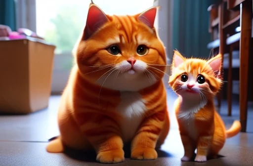 "In the visiting area of the orphanage, an orange kitten named Mia sits alone, her fur still dirty and her eyes downcast. A kind couple enters, looking around for a kitten to adopt. The couple, a gentle orange cat and a caring grey cat, notice Mia sitting quietly in a corner. They approach her with warm smiles and soft voices. The scene contrasts the bleakness of the orphanage with the couple's warmth and kindness, as Mia looks up with a glimmer of hope in her eyes for the first time in a long while."