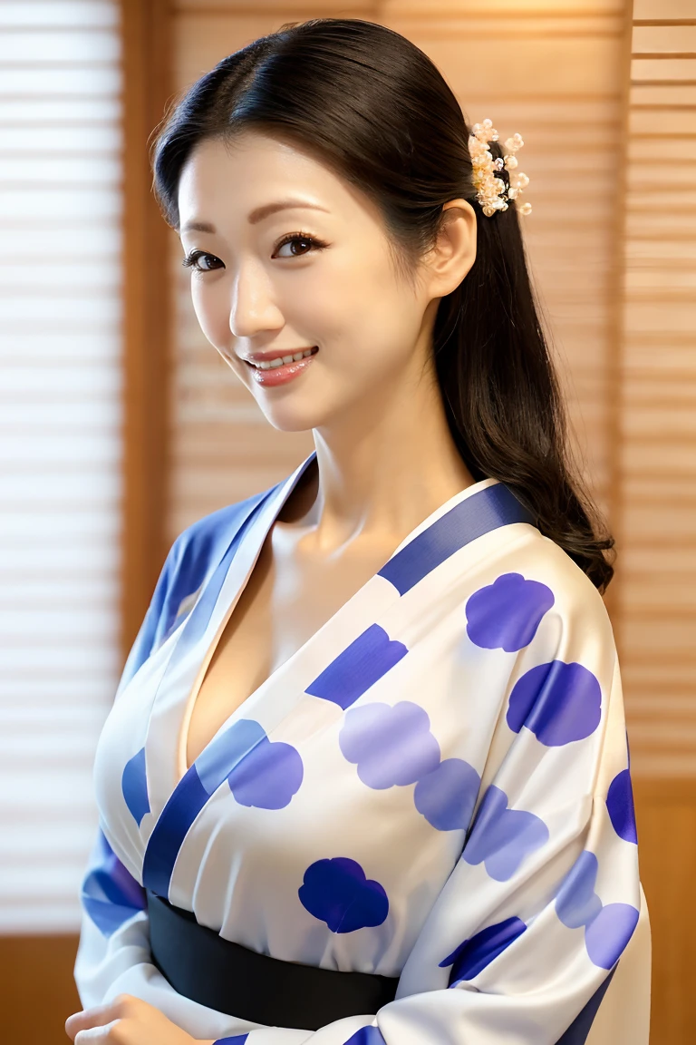 (最high quality、Tabletop、8K、Best image quality、Award-winning works)、(一人のbeautiful成熟した女性:1.1)、Adult face、(Innkeeper:1.1)、(Elegant floral kimono:1.2)、(V-neck collared kimono:1.4)、Perfect mature woman portrait photo、Glowing Skin、Standing Elegantly、(Blurred elegant and exquisite perfect Japanese style room background:1.3)、(The most natural and perfect tidy Japanese style room background:1.2)、Glowing White Skin、Very white skin、(Accentuate your body lines:1.1)、(The most graceful posture:1.2)、(Large Breasts:1.2)、A perfect smile、完璧なbeautiful光沢のある唇、(Accurate anatomy:1.2)、(Standing with good posture:1.1)、(beautiful, high quality, A gorgeous and large kimono obi:1.2)、(完璧で自然なbeautiful袖:1.2)、(Chignon:1.1)、(Close-up of face:1.3)、(Vネックの衿つき着物からExposing cleavageする:1.4)、(Exposing cleavage:1.6)、(Huge breasts:1.4)、(A perfect, high-quality obi with a gorgeous pattern:1.3)