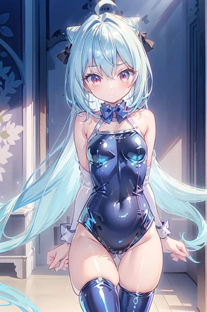 1girl,solo,cowboy shot,standing,(pastel blue hair:1.4),long hair,cone hair bun,hair ornament,hair intakes, ahoge, bangs,(red eyes:1.3),(beautiful fingers:1.4),(perfect anatomy:1.4),(arms_behind_back:1.6),(cold_shoulder:1.2),BREAK,(pastel blue competition swimsuit:1.6),(pastel blue jacket:1.1),(leather lace glossy silk lamé:1.4),(latex luster shiny glossy:1.6),(shiny_clothes:1.6),medium breasts,beautiful breasts,masterpiece,best quality,(Ultra high definition eyes:1.2),8k,(Beautiful detailed eyes:1.2),(Fine and beautiful eyes:1.2),(pretty eyes:1.2),finely detail,extremely CG, absurdres,high resolution,illustration,Detailed and beautiful outlines,finely detail,high resolution,(colorful refraction:1.4,Increase saturation:1.2),beautiful lighting,dynamic lighting,closed room,black background,simple background, smile,looking at viewer,BREAK, blue bowtie, red coat, long sleeves, belt, garter straps,(pastel blue thighhighs:1.4)