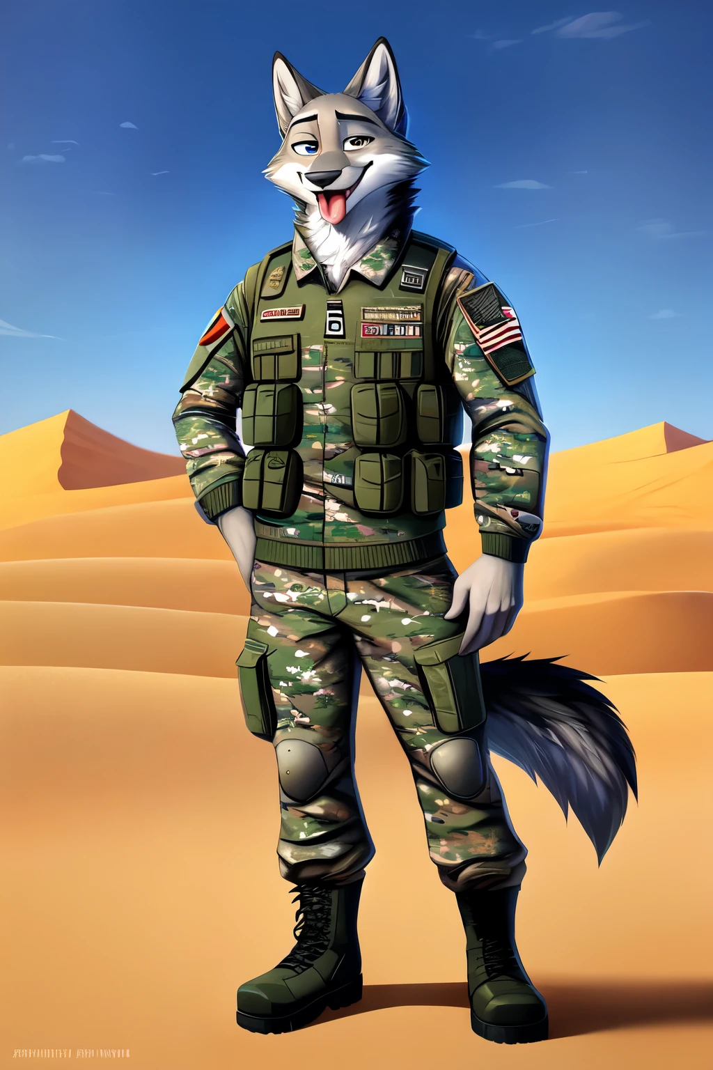 by angiewolf, by ango76, от кум, by jwolfsky Hyoshiru, male, clean, antro, male, One, cloth, wool, 2022, camo cloth, army bomber, верхняя cloth камуфляжного цвета, Gray wolf, Furry, Furry-арт, cartoon, лёгкая smile, looking at viewer, Portrait, fullbody, куртка alpha industires, camouflage pants, tucked into Desert camo colored boots, army style, армейский Furry, военный Furry, cartoon стиль, Zootopia, merry, tongue out, smile, winks 
