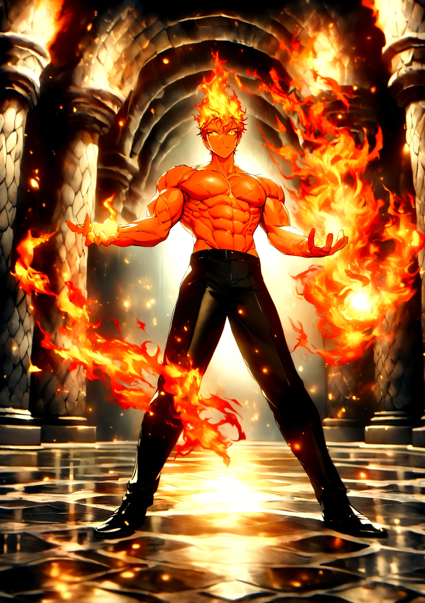 masterpiece, Top quality, 16k uhd, Stand, 1 male fire genasi with orange skin, Fire Wizard, no top, Free upper body, Six-pack muscles, muscular physique, elegant black trousers, fiery burning flame hair, Fire Mage, a swirling fireball hovers above his left hand, Magical setting, Confident Pose, devilish smile. highly detailed facial and skin texture, detailled eyes, square eyebrows, Amber eyes with sparks, Fine facial features, chiseled jawline, Shiny orange skin with smoky undertones