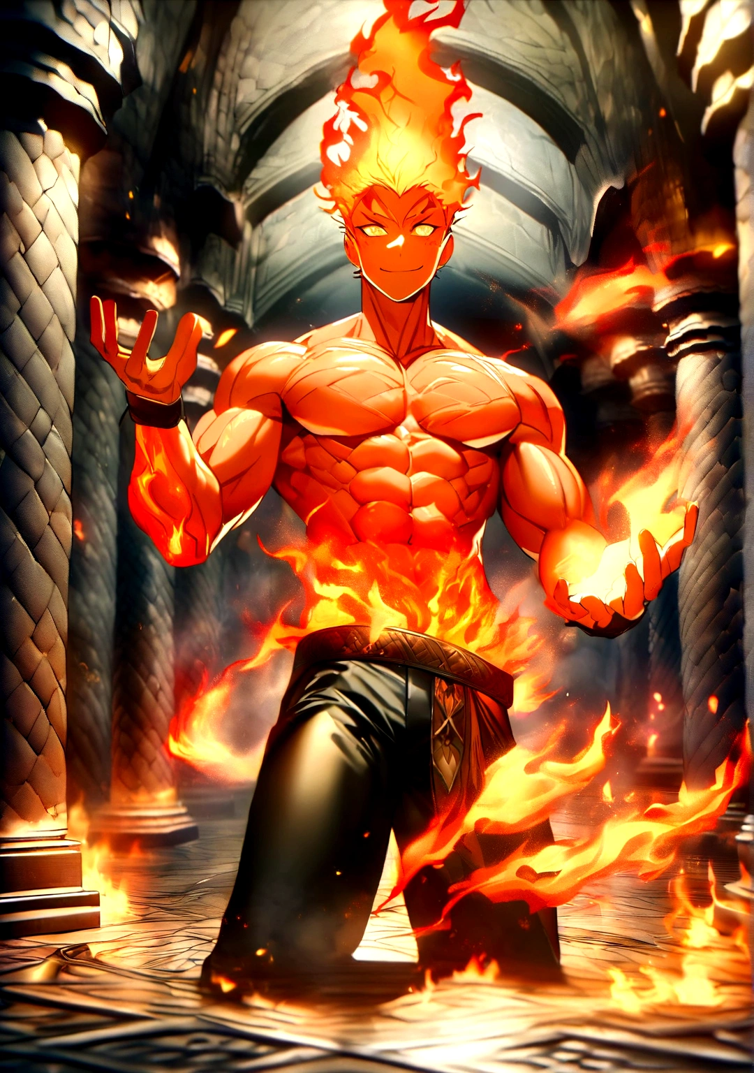​masterpiece, Top quality, 16k uhd, Stand, 1 male fire genasi with orange skin, Fire Wizard, no top, Free upper body, Six-pack muscles, muscular physique, elegant black trousers, fiery burning flame hair, Fire Mage, a swirling fireball hovers above his left hand, Magical setting, Confident Pose, devilish smile. highly detailed facial and skin texture, detailled eyes, square eyebrows, Amber eyes with sparks, Fine facial features, chiseled jawline, Shiny orange skin with smoky undertones