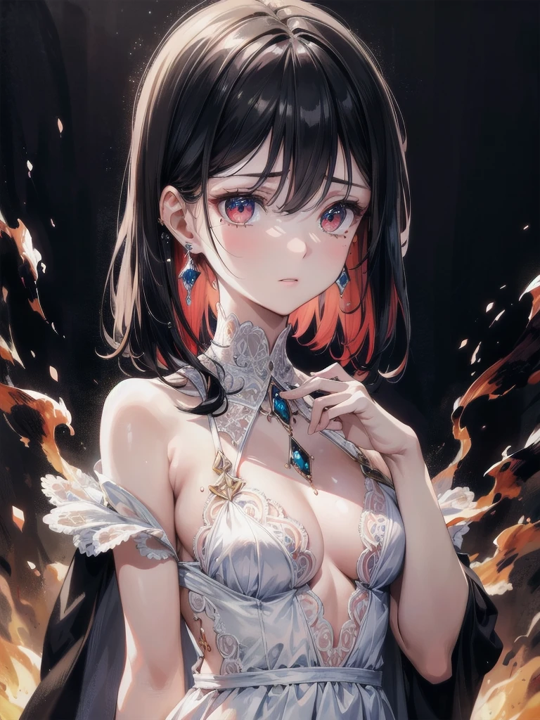 absurdres, RAW photo, extremely delicate and beautiful, masterpiece, Best Quality, ultra high resolution, 32k, hyperrealistic, ultra-detailed, delicate facial features, beautiful detailed woman, tearful mole, earring, medium breasts, full body shot, medium hair, black hair, fire witch, blood, light particles, light rays, high contrast, colorful,