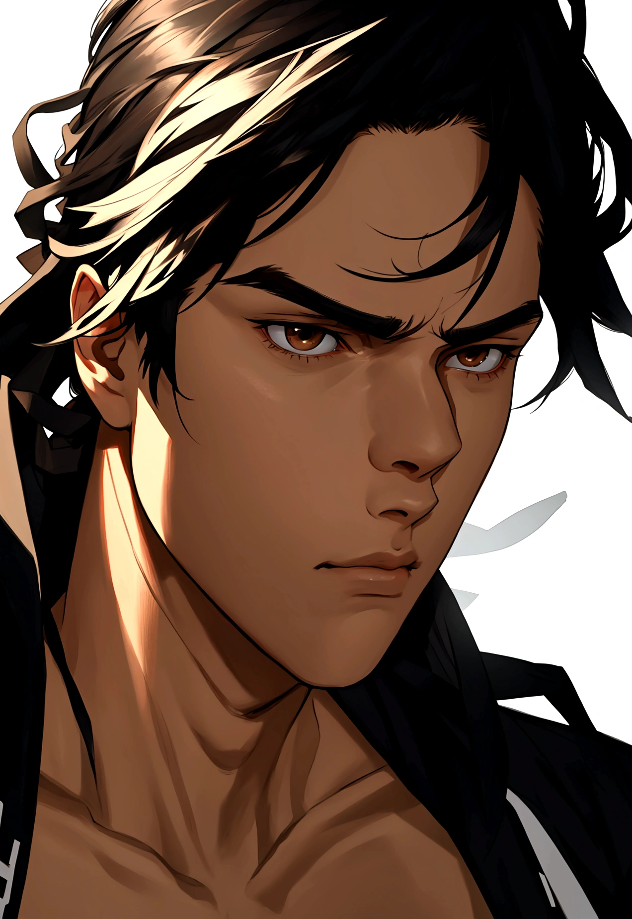 white, black hair, serious, didactic, brown eyes, postured