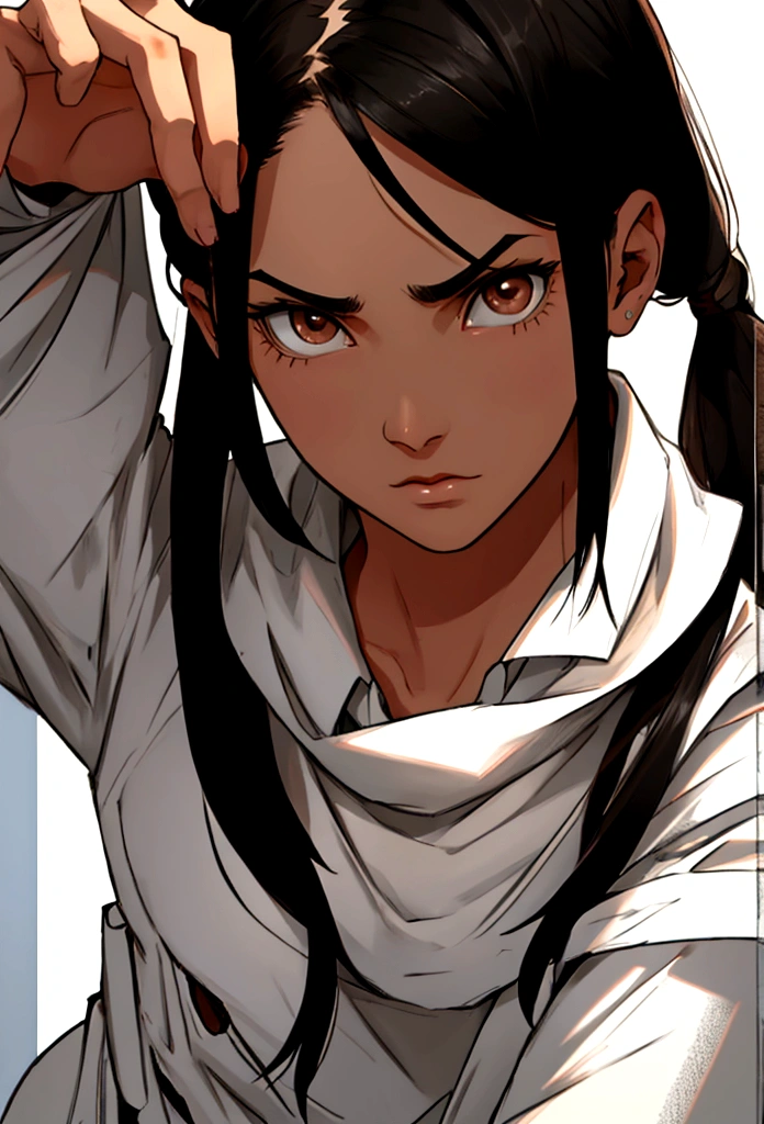 white, black hair, serious, didactic, brown eyes, postured