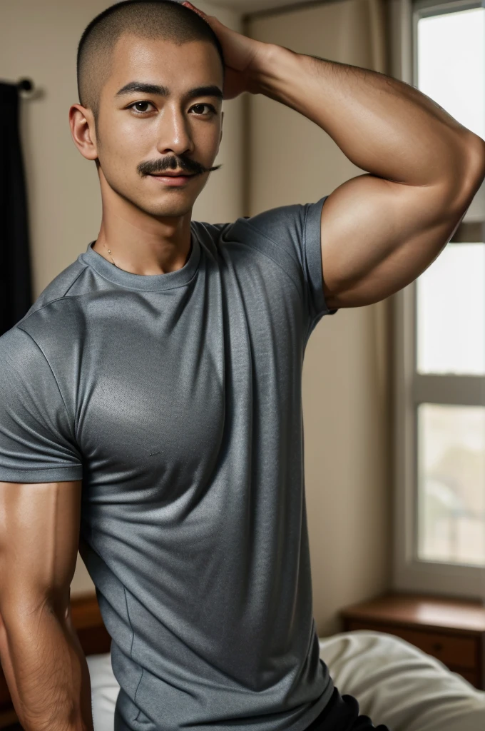 Masterpiece, best quality, high resolution, realistic, handsome, Take beautiful photos, Sayk, NRF, Photo of the 35 year old gym association (The man has a thin mustache.:1.2) Portrait, standing in bedroom , make military media, weight, Amazing , Buzzcut short hair,stubble head , (Hyper Muscle),looking at the audience, Flirt with the camera, charming, (Tight black exercise shirt ),(GS-Male:1), 8K,Bokeh,Portrait,look at the viewer,