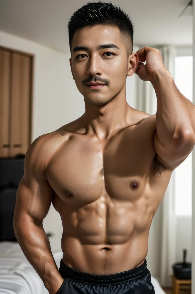 Masterpiece, best quality, high resolution, realistic, handsome, Take beautiful photos, Sayk, NRF, Photo of the 35 year old gym association (The man has a thin mustache.:1.2) Portrait, standing in bedroom , make military media, weight, Amazing , Buzzcut short hair,stubble head , (Hyper Muscle),looking at the audience, Flirt with the camera, charming, (Tight black exercise shirt ),(GS-Male:1), 8K,Bokeh,Portrait,look at the viewer,