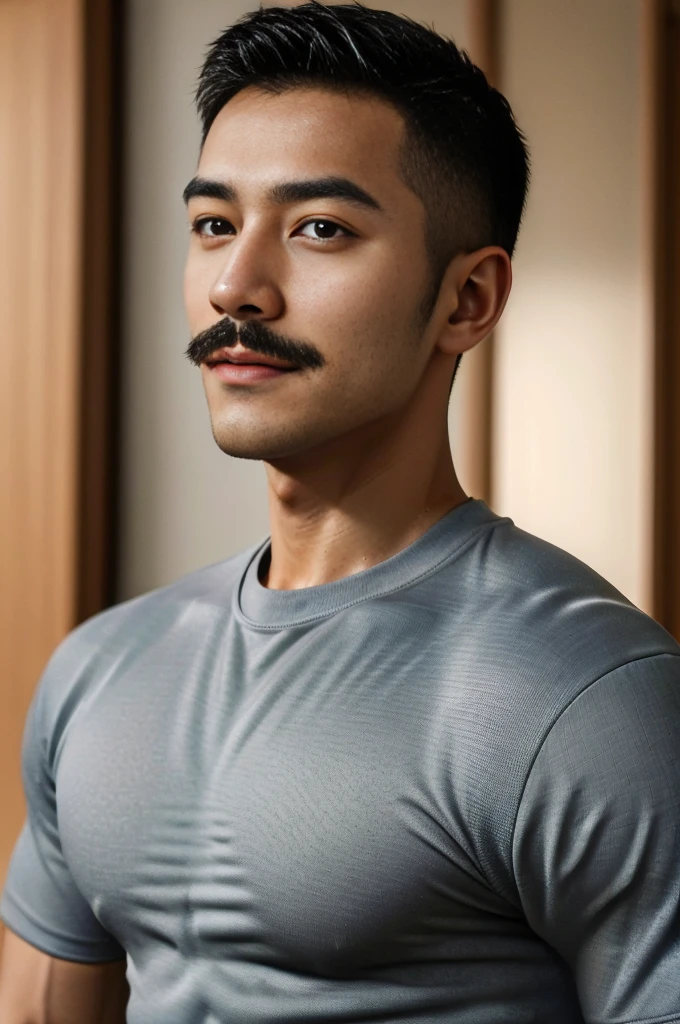 Masterpiece, best quality, high resolution, realistic, handsome, Take beautiful photos, Sayk, NRF, Photo of the 35 year old gym association (The man has a thin mustache.:1.2) Portrait, standing in bedroom , make military media, weight, Amazing , Buzzcut short hair,stubble head , (Hyper Muscle),looking at the audience, Flirt with the camera, charming, (Tight black exercise shirt ),(GS-Male:1), 8K,Bokeh,Portrait,look at the viewer,