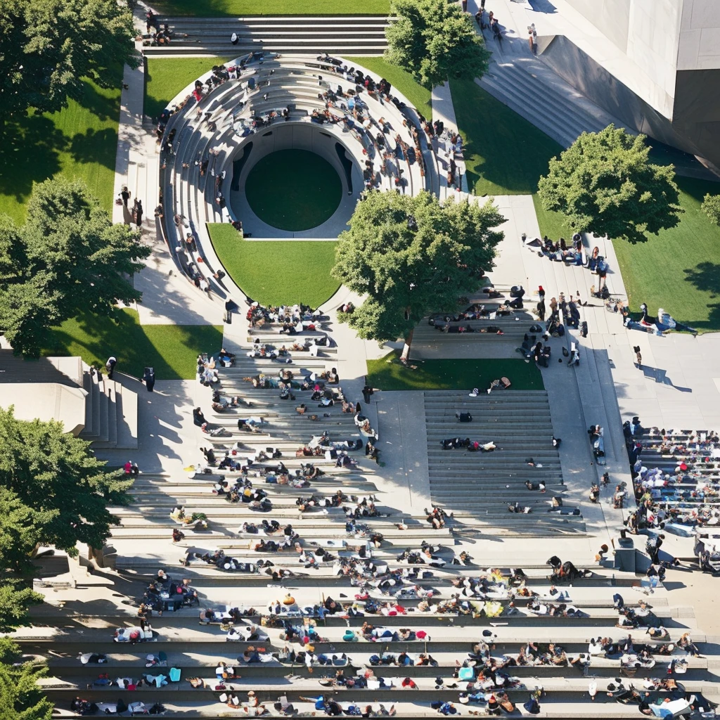 People sitting on the steps of a large outdoor area with stairs, On a sunny day, Sunny time, Public places, parks and Public places, Watch from above, Look from above, Image Source:moma, sunny summer, photo courtesy museum of art, People resting on the grass, People on the ground, summer, contemplating