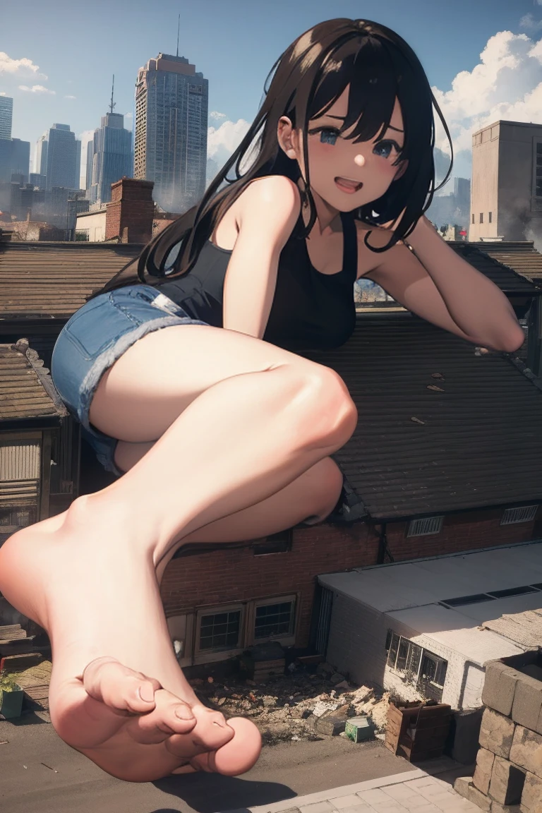 masterpiece、Highest quality、Giantess、Giantessのイラスト、smile、Open mouth and show teeth、beautiful身体、beautiful、Anime illustration、A small building being destroyed underfoot、Tank top、Shorts、Low - Angle、walk、Looming、I can see my feet、Draw a woman in a big way、Giantess、Hands on hips、giantess、Destroyed small town、Destroyed small building district、Smoke is rising、The fugitive々、Destructive illustration、A small city of buildings visible in the distance、