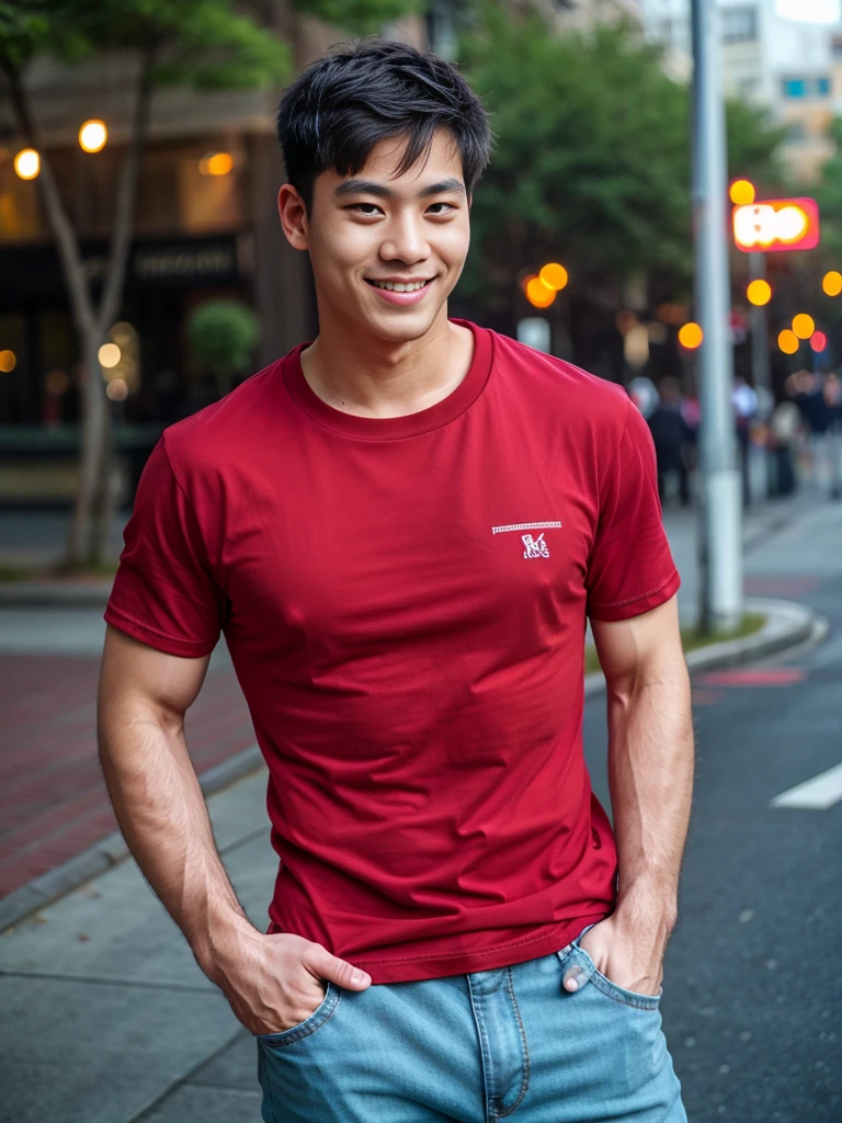 (best quality, 4K, 8K, high resolution, Masterpiece: 1.2), Special details, (realistically, As realistic as a photo, photo realistic: 1.37), Edge lighting, Extra detailed coloring, sharp focus, Physical rendering ,Extremely detailed description,professional,light color,Bokeh,Portrait,look at the viewer,
Young Asian man, 20 years old ,(wearing a red t-shirt), smile