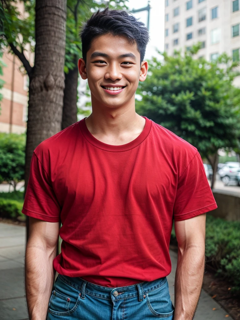 (best quality, 4K, 8K, high resolution, Masterpiece: 1.2), Special details, (realistically, As realistic as a photo, photo realistic: 1.37), Edge lighting, Extra detailed coloring, sharp focus, Physical rendering ,Extremely detailed description,professional,light color,Bokeh,Portrait,look at the viewer,
Young Asian man, 20 years old ,(wearing a red t-shirt), smile