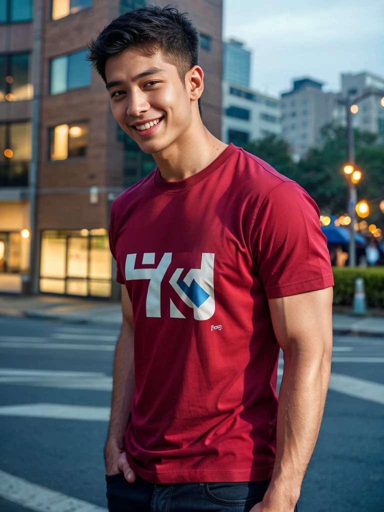 (best quality, 4K, 8K, high resolution, Masterpiece: 1.2), Special details, (realistically, As realistic as a photo, photo realistic: 1.37), Edge lighting, Extra detailed coloring, sharp focus, Physical rendering ,Extremely detailed description,professional,light color,Bokeh,Portrait,look at the viewer,
Young Asian man, 20 years old ,(wearing a red t-shirt), smile