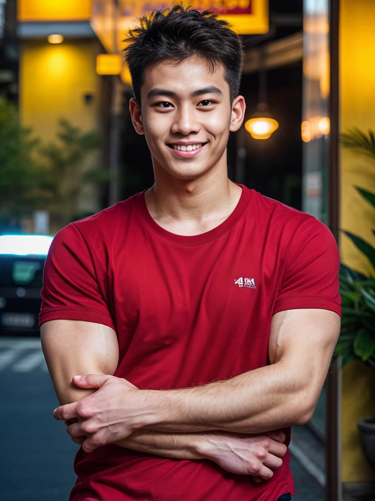 (best quality, 4K, 8K, high resolution, Masterpiece: 1.2), Special details, (realistically, As realistic as a photo, photo realistic: 1.37), Edge lighting, Extra detailed coloring, sharp focus, Physical rendering ,Extremely detailed description,professional,light color,Bokeh,Portrait,look at the viewer,
Young Asian man, 20 years old ,(wearing a red t-shirt), smile